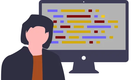 Illustration of a developer sitting in front of a monitor showing lines of coloured code.