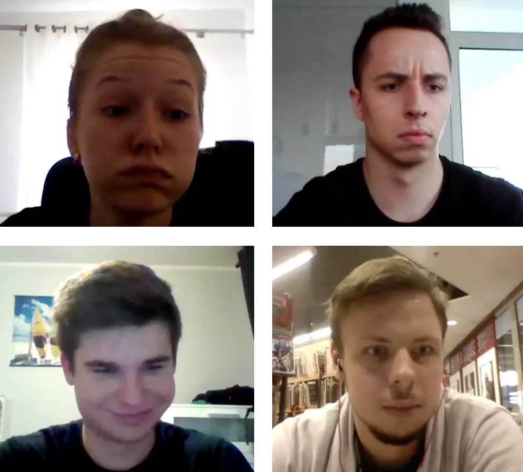 A 2×2 grid of webcam stills showing four participants' facial expressions — confusion, concentration, a smile and surprise — captured while solving programming tasks.
